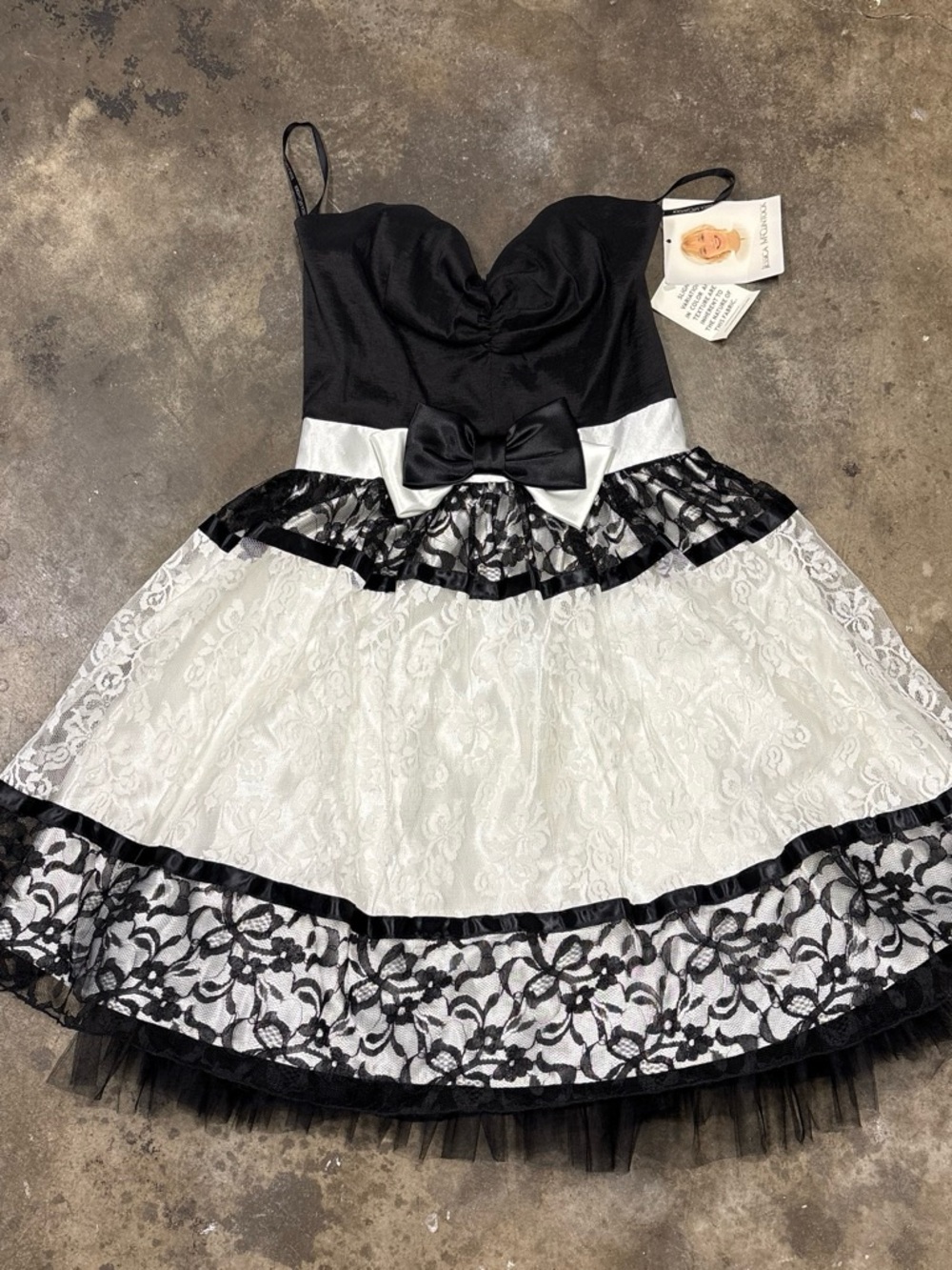 Gunne Sax Black and White Lace Formal Dress with Bow